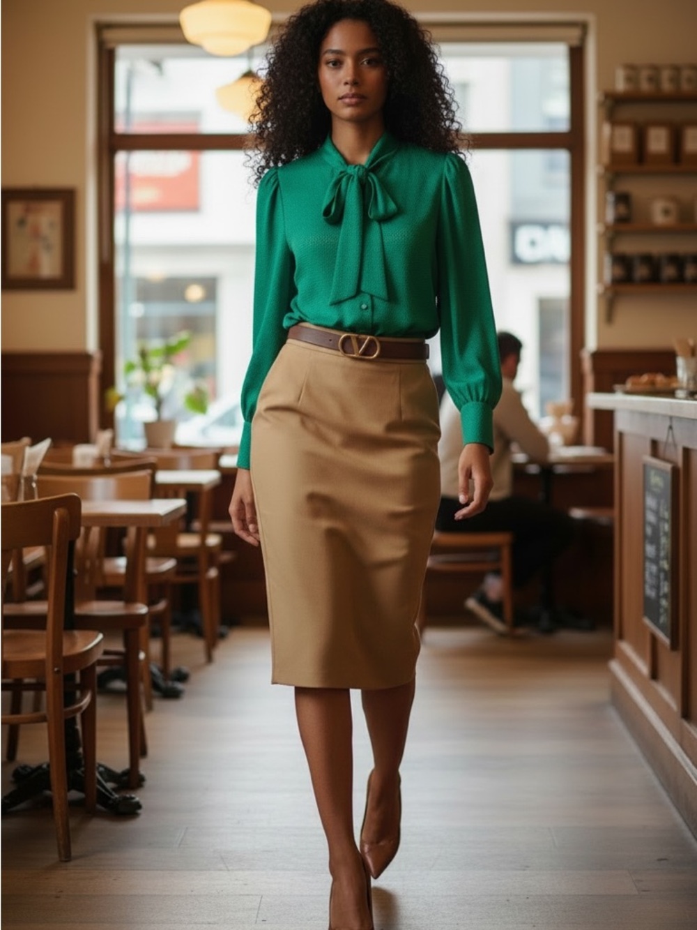 Sezane Paris 100% silk Green Tie-Neck textured Blouse sz8 - Picture 3 of 6
